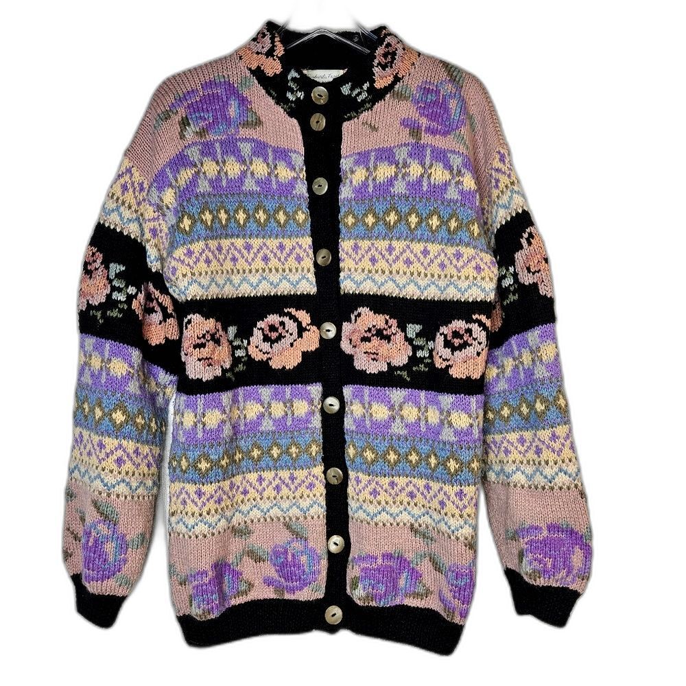 Roberta Frost Romantic Vintage Hand Knit Wool Floral Fair Isle Cardigan Sweater